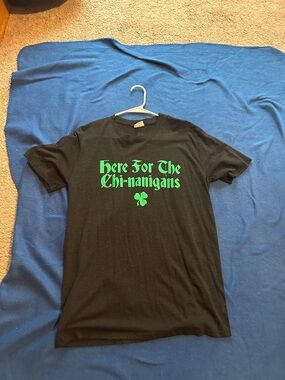 Black Short Sleeve Tee with Green 'Here For The Chi-nanigans' Print